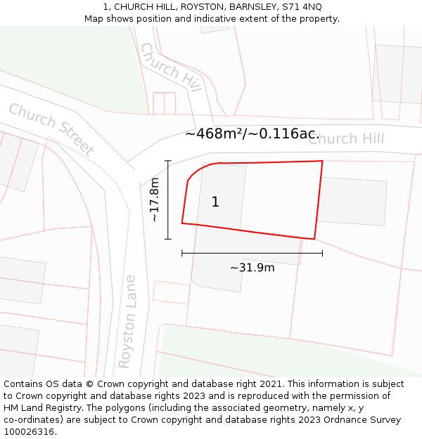 1, CHURCH HILL, ROYSTON, BARNSLEY, S71 4NQ: Plot and title map