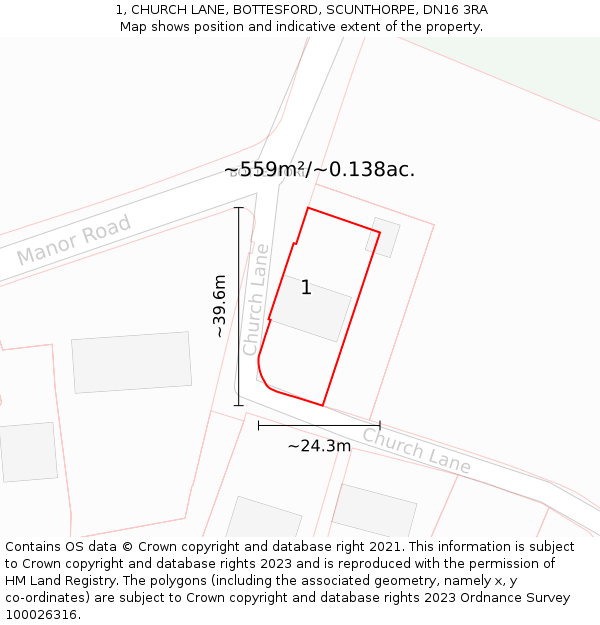1, CHURCH LANE, BOTTESFORD, SCUNTHORPE, DN16 3RA: Plot and title map
