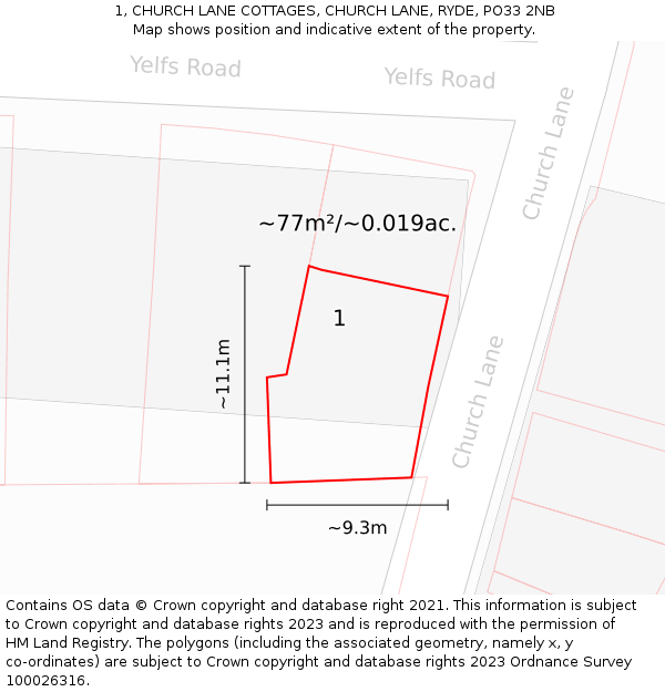 1, CHURCH LANE COTTAGES, CHURCH LANE, RYDE, PO33 2NB: Plot and title map