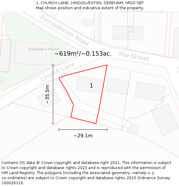 1, CHURCH LANE, HINDOLVESTON, DEREHAM, NR20 5BT: Plot and title map