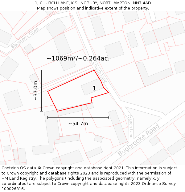1, CHURCH LANE, KISLINGBURY, NORTHAMPTON, NN7 4AD: Plot and title map