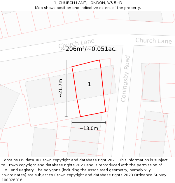 1, CHURCH LANE, LONDON, W5 5HD: Plot and title map