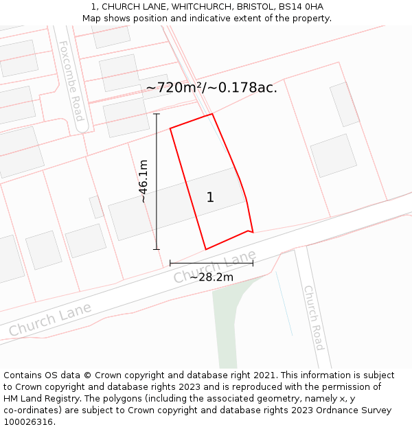 1, CHURCH LANE, WHITCHURCH, BRISTOL, BS14 0HA: Plot and title map