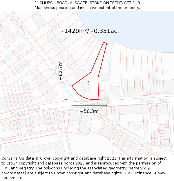 1, CHURCH ROAD, ALSAGER, STOKE-ON-TRENT, ST7 2HB: Plot and title map