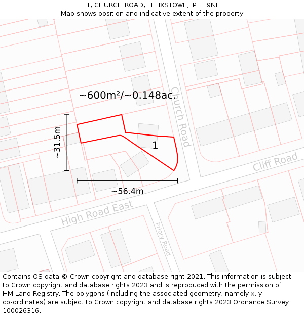 1, CHURCH ROAD, FELIXSTOWE, IP11 9NF: Plot and title map