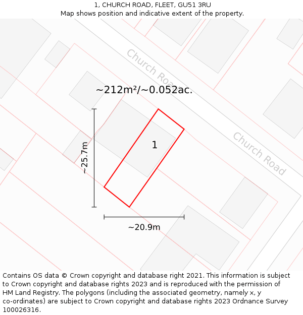 1, CHURCH ROAD, FLEET, GU51 3RU: Plot and title map