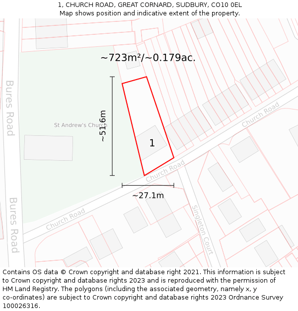 1, CHURCH ROAD, GREAT CORNARD, SUDBURY, CO10 0EL: Plot and title map