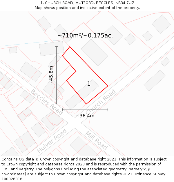 1, CHURCH ROAD, MUTFORD, BECCLES, NR34 7UZ: Plot and title map
