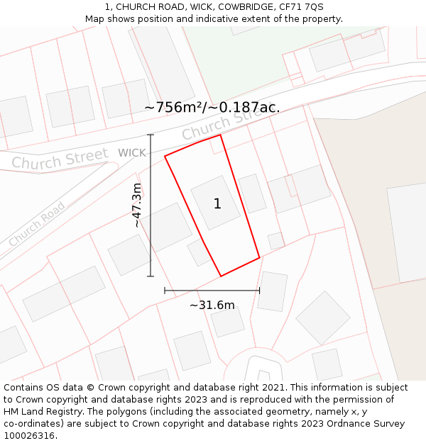 1, CHURCH ROAD, WICK, COWBRIDGE, CF71 7QS: Plot and title map