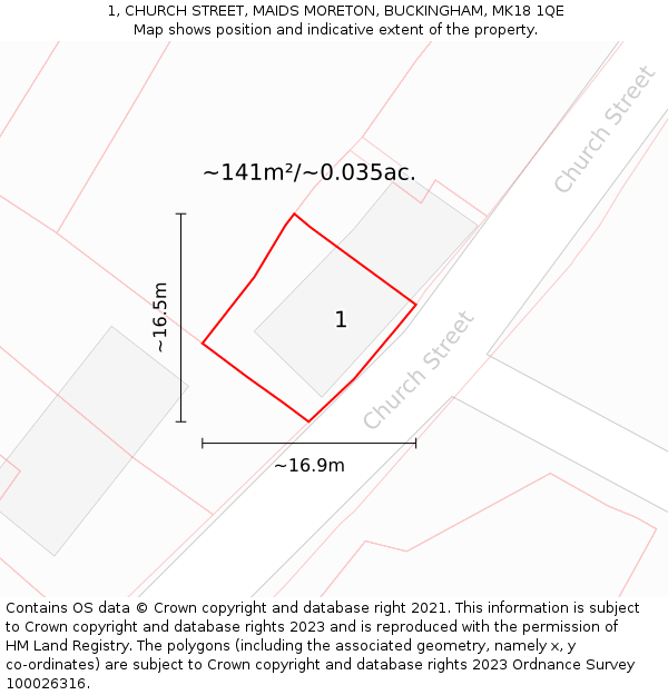 1, CHURCH STREET, MAIDS MORETON, BUCKINGHAM, MK18 1QE: Plot and title map
