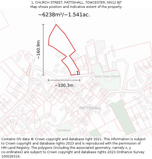 1, CHURCH STREET, PATTISHALL, TOWCESTER, NN12 8JT: Plot and title map