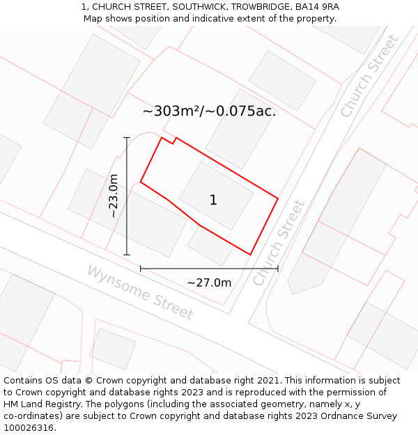 1, CHURCH STREET, SOUTHWICK, TROWBRIDGE, BA14 9RA: Plot and title map