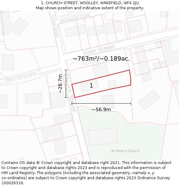 1, CHURCH STREET, WOOLLEY, WAKEFIELD, WF4 2JU: Plot and title map