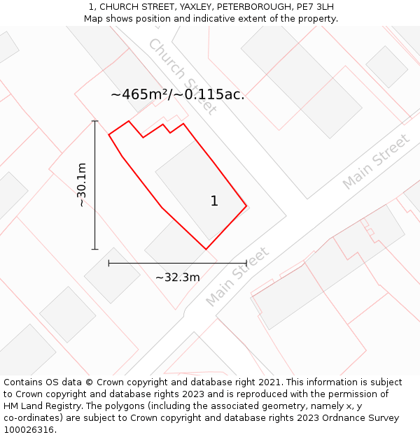 1, CHURCH STREET, YAXLEY, PETERBOROUGH, PE7 3LH: Plot and title map