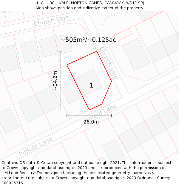 1, CHURCH VALE, NORTON CANES, CANNOCK, WS11 9PJ: Plot and title map