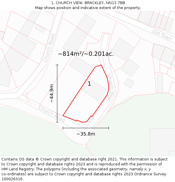 1, CHURCH VIEW, BRACKLEY, NN13 7BB: Plot and title map