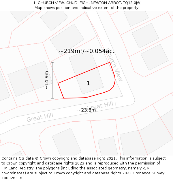 1, CHURCH VIEW, CHUDLEIGH, NEWTON ABBOT, TQ13 0JW: Plot and title map