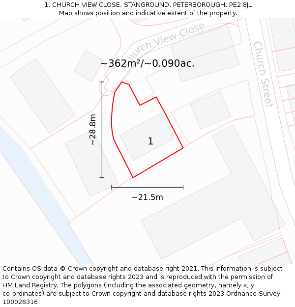 1, CHURCH VIEW CLOSE, STANGROUND, PETERBOROUGH, PE2 8JL: Plot and title map
