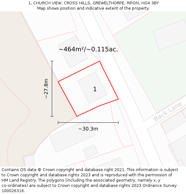 1, CHURCH VIEW, CROSS HILLS, GREWELTHORPE, RIPON, HG4 3BY: Plot and title map