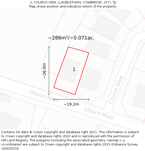 1, CHURCH VIEW, LLANBLETHIAN, COWBRIDGE, CF71 7JJ: Plot and title map