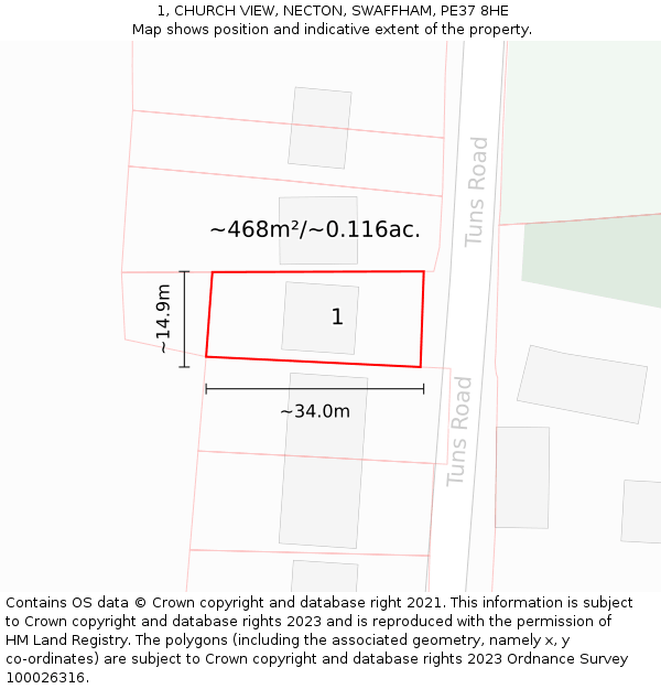 1, CHURCH VIEW, NECTON, SWAFFHAM, PE37 8HE: Plot and title map