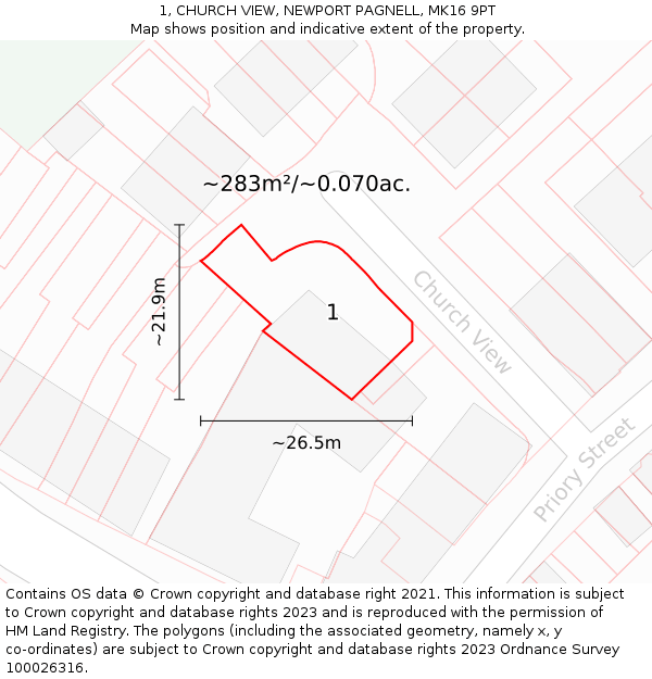 1, CHURCH VIEW, NEWPORT PAGNELL, MK16 9PT: Plot and title map