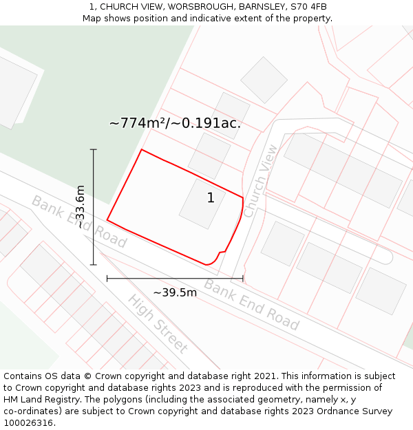 1, CHURCH VIEW, WORSBROUGH, BARNSLEY, S70 4FB: Plot and title map