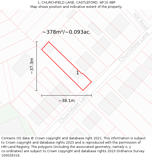 1, CHURCHFIELD LANE, CASTLEFORD, WF10 4BP: Plot and title map