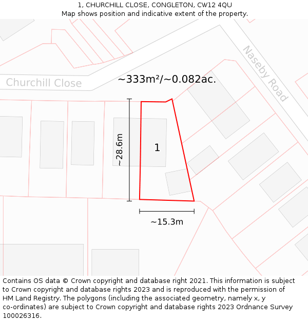 1, CHURCHILL CLOSE, CONGLETON, CW12 4QU: Plot and title map