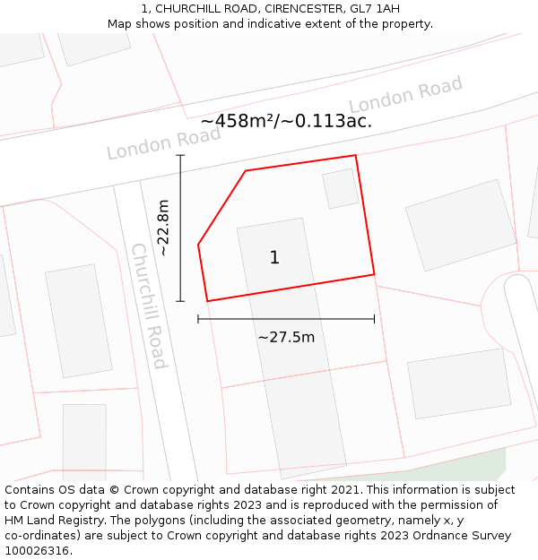 1, CHURCHILL ROAD, CIRENCESTER, GL7 1AH: Plot and title map