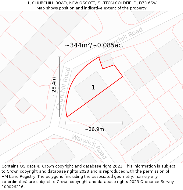 1, CHURCHILL ROAD, NEW OSCOTT, SUTTON COLDFIELD, B73 6SW: Plot and title map