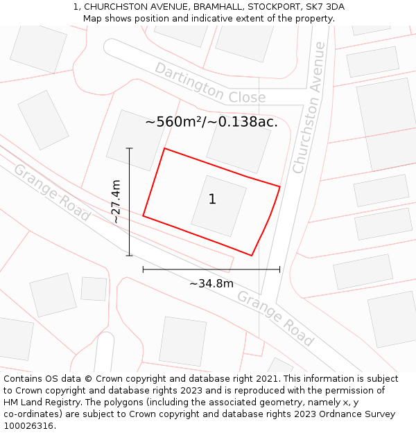 1, CHURCHSTON AVENUE, BRAMHALL, STOCKPORT, SK7 3DA: Plot and title map
