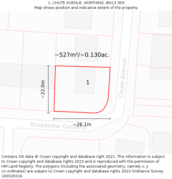 1, CHUTE AVENUE, WORTHING, BN13 3DX: Plot and title map