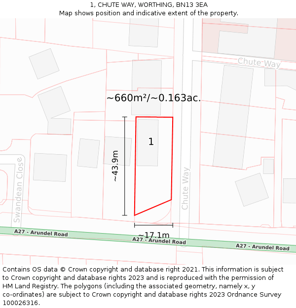1, CHUTE WAY, WORTHING, BN13 3EA: Plot and title map
