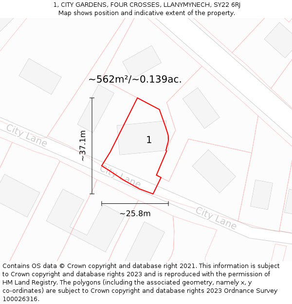 1, CITY GARDENS, FOUR CROSSES, LLANYMYNECH, SY22 6RJ: Plot and title map