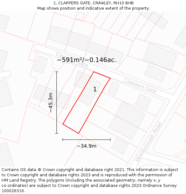 1, CLAPPERS GATE, CRAWLEY, RH10 8HB: Plot and title map
