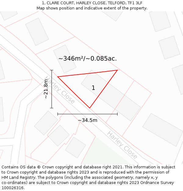 1, CLARE COURT, HARLEY CLOSE, TELFORD, TF1 3LF: Plot and title map
