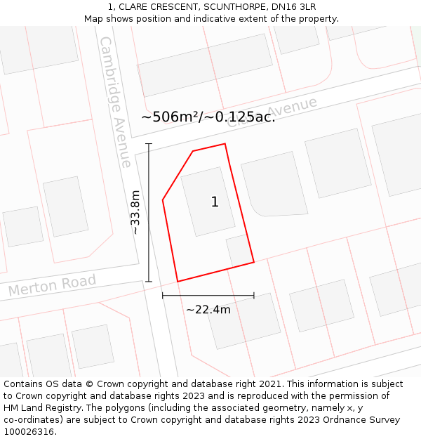 1, CLARE CRESCENT, SCUNTHORPE, DN16 3LR: Plot and title map