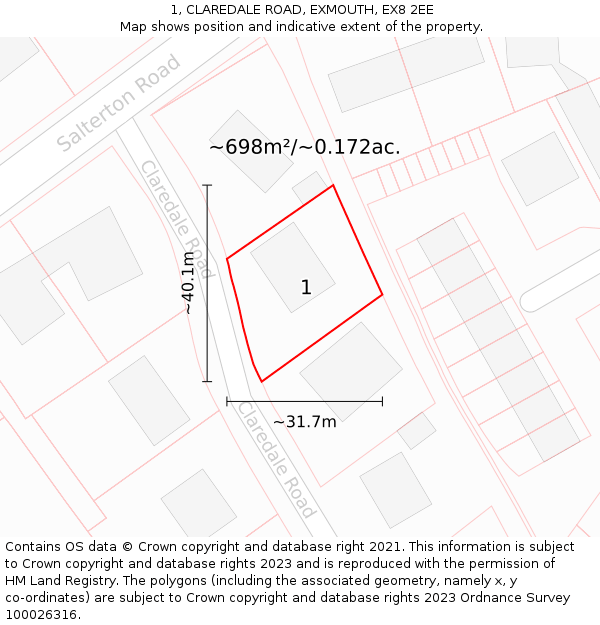 1, CLAREDALE ROAD, EXMOUTH, EX8 2EE: Plot and title map