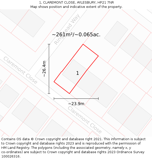 1, CLAREMONT CLOSE, AYLESBURY, HP21 7NR: Plot and title map