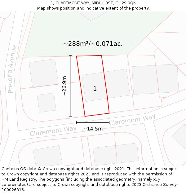 1, CLAREMONT WAY, MIDHURST, GU29 9QN: Plot and title map