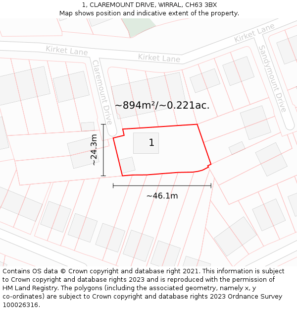 1, CLAREMOUNT DRIVE, WIRRAL, CH63 3BX: Plot and title map