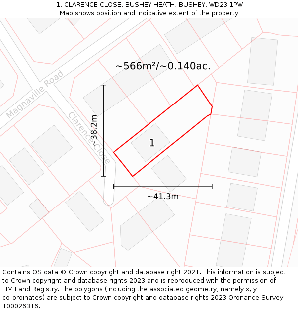 1, CLARENCE CLOSE, BUSHEY HEATH, BUSHEY, WD23 1PW: Plot and title map