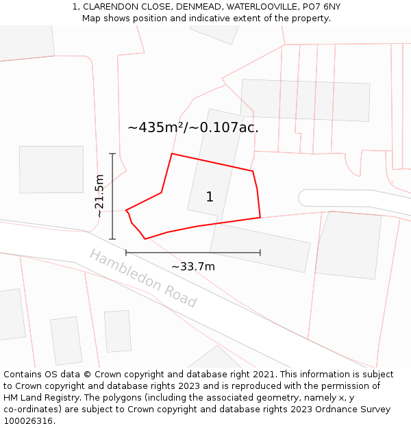 1, CLARENDON CLOSE, DENMEAD, WATERLOOVILLE, PO7 6NY: Plot and title map