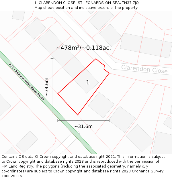 1, CLARENDON CLOSE, ST LEONARDS-ON-SEA, TN37 7JQ: Plot and title map