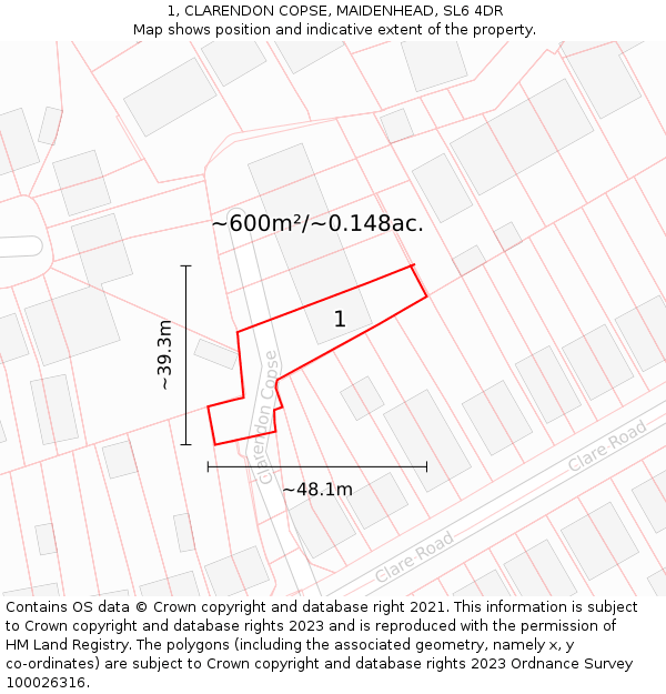 1, CLARENDON COPSE, MAIDENHEAD, SL6 4DR: Plot and title map