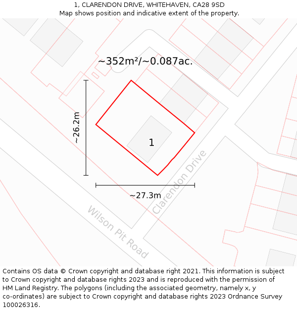 1, CLARENDON DRIVE, WHITEHAVEN, CA28 9SD: Plot and title map
