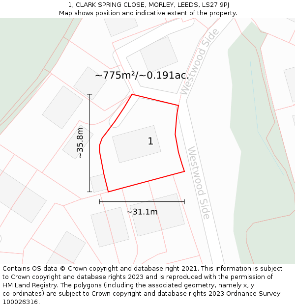 1, CLARK SPRING CLOSE, MORLEY, LEEDS, LS27 9PJ: Plot and title map