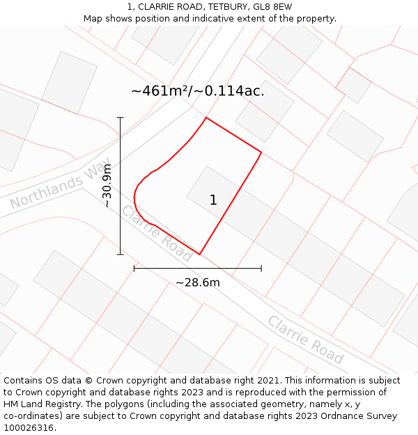 1, CLARRIE ROAD, TETBURY, GL8 8EW: Plot and title map