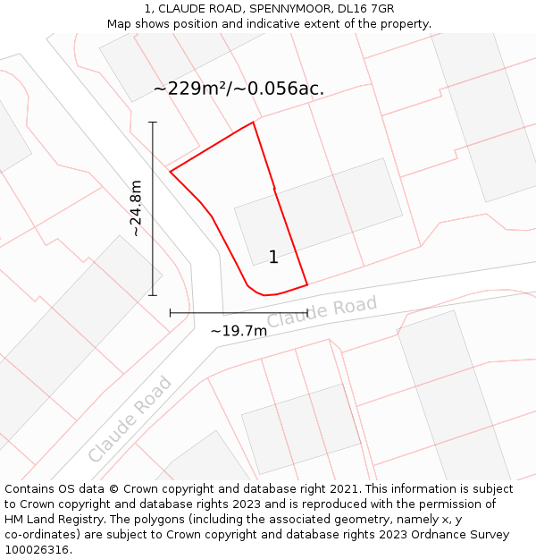 1, CLAUDE ROAD, SPENNYMOOR, DL16 7GR: Plot and title map